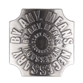 A square metal belt buckle with rounded corners, featuring the circular text 'BY ANY MEANS NECESSARY' embossed in a concentric circle design 